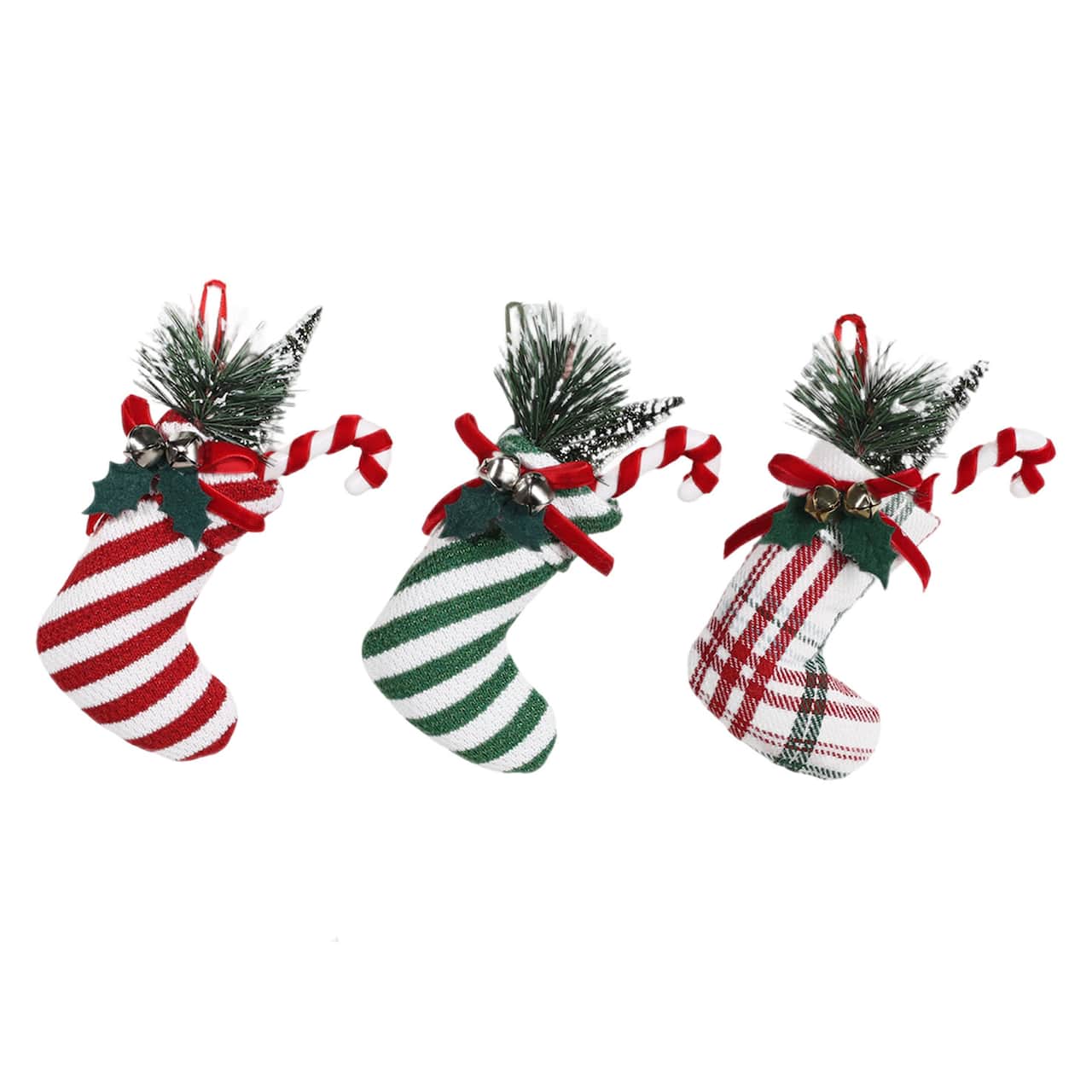 Assortiment d’ornements de bas de Noël avec pin et canne de bonbon de 16,5 cm d’Ashland